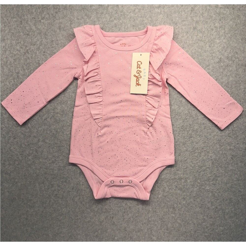 Cat & Jack Baby Girls Bodysuit Pink Sparkles Diamond Ruffles Size 6-9M NWT